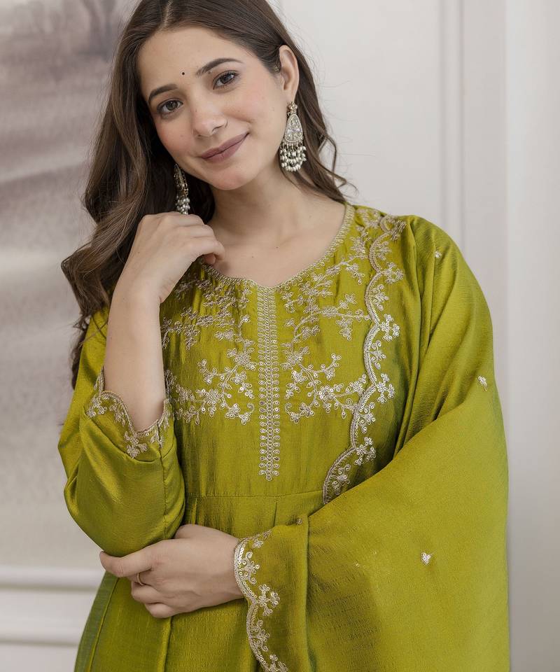 Parrot green color beautiful vichitra silk fabric graceful ceremonial kurti set