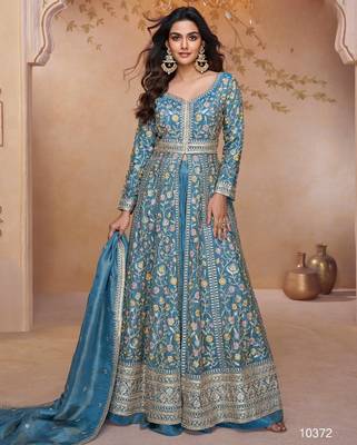 Blue chinon embroidered sequins Anarkali suit - full free size 1