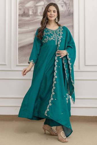 Rama color beautiful vichitra silk fabric graceful ceremonial kurti set