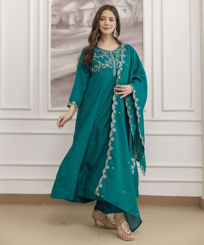 Rama color beautiful vichitra silk fabric graceful ceremonial kurti set