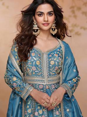 Blue chinon embroidered sequins Anarkali suit - full free size 2