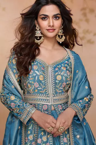 Blue chinon embroidered sequins Anarkali suit - full free size