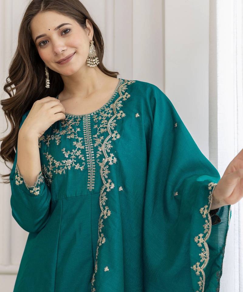 Rama color beautiful vichitra silk fabric graceful ceremonial kurti set