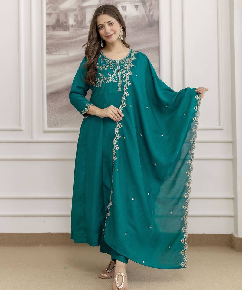 Rama color beautiful vichitra silk fabric graceful ceremonial kurti set