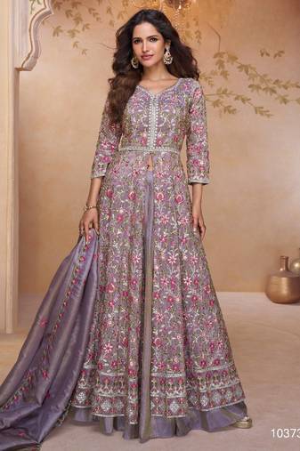 Purple Shimmer embroidered sequins Anarkali suit - full stitched free size