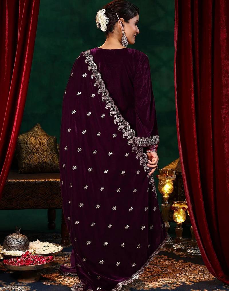 Maroon color beautiful velvet fabric graceful ceremonial kurti set