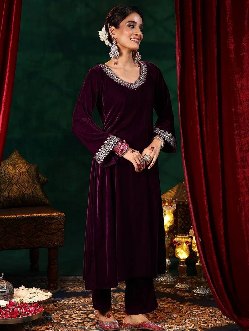 Maroon color beautiful velvet fabric graceful ceremonial kurti set
