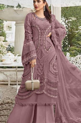 Light purple georgette semi stitched suit with embroidery sequence & moti work