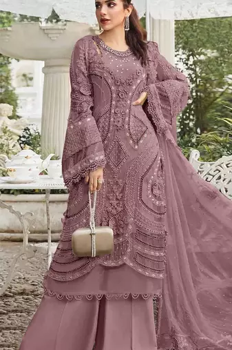 Light purple georgette semi stitched suit with embroidery sequence & moti work