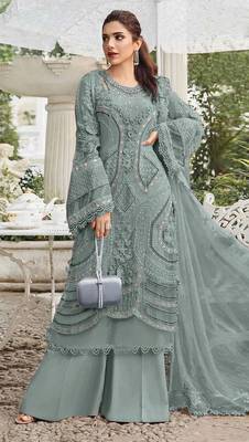 Sky blue georgette suit with embroidery sequin & moti  1