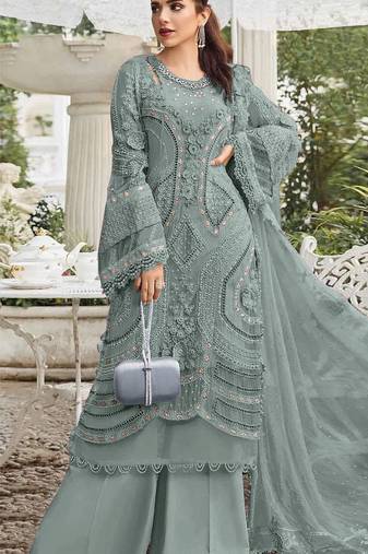 Sky blue georgette semi stitched suit with embroidery sequence & moti work