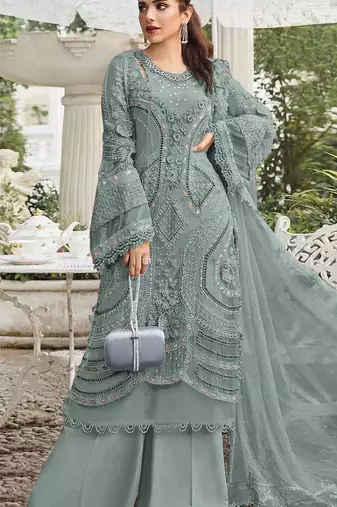 Sky blue georgette semi stitched suit with embroidery sequence & moti work