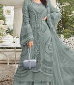 Sky blue georgette semi stitched suit with embroidery sequence & moti work