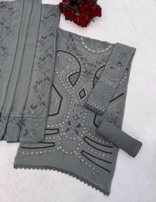 Sky blue georgette suit with embroidery sequin & moti  2