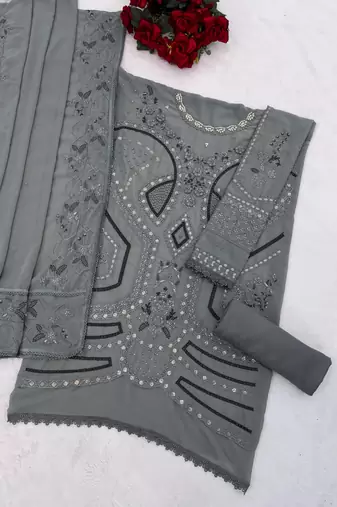 Sky blue georgette suit with embroidery sequin & moti 