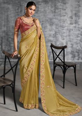 Mustard premium tissue zari resham thread embroidery with pearls, mirror work stone work saree with blouse 1