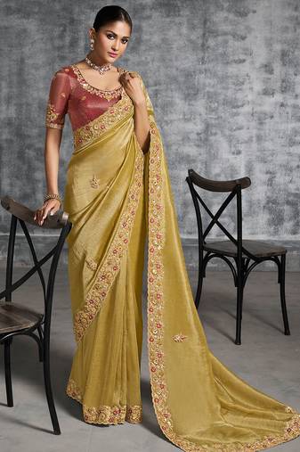 Mustard premium tissue zari resham thread embroidery with pearls, mirror work stone work saree with blouse