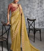 Mustard premium tissue zari resham thread embroidery with pearls, mirror work stone work saree with blouse
