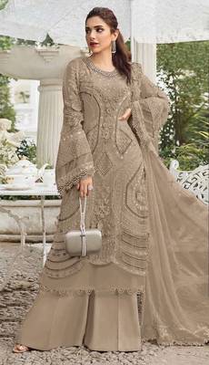 Light brown georgette suit with embroidery sequin & moti  1