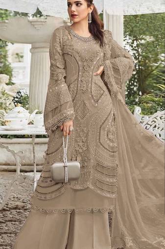 Light brown georgette semi stitched suit with embroidery sequence & moti work