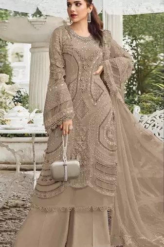 Light brown georgette semi stitched suit with embroidery sequence & moti work