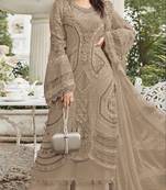 Light brown georgette semi stitched suit with embroidery sequence & moti work