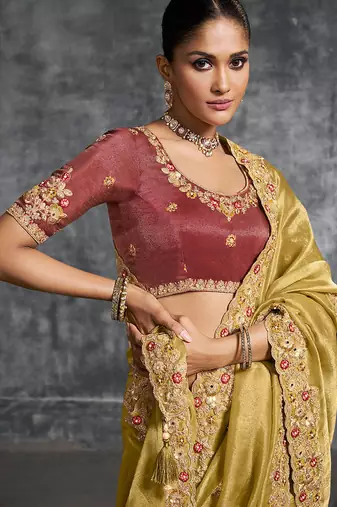 Mustard premium tissue zari resham thread embroidery with pearls, mirror work stone work saree with blouse