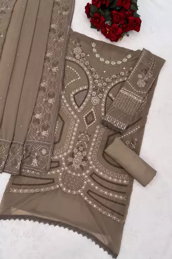 Light brown georgette suit with embroidery sequin & moti 