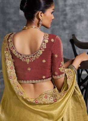 Mustard premium tissue zari resham thread embroidery with pearls, mirror work stone work saree with blouse 3