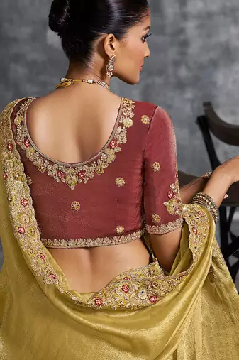 Mustard premium tissue zari resham thread embroidery with pearls, mirror work stone work saree with blouse