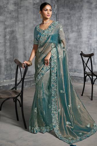 Aqua blue premium tissue zari resham thread embroidery with pearls, mirror work stone work saree with blouse