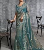 Aqua blue premium tissue zari resham thread embroidery with pearls, mirror work stone work saree with blouse