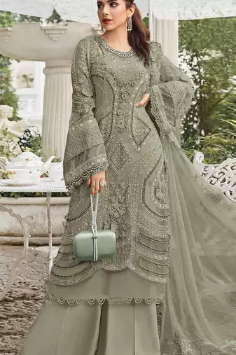 Mehendi georgette semi stitched suit with embroidery sequence & moti work