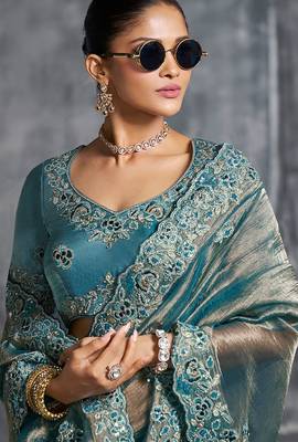 Aqua blue premium tissue zari resham thread embroidery with pearls, mirror work stone work saree with blouse 2