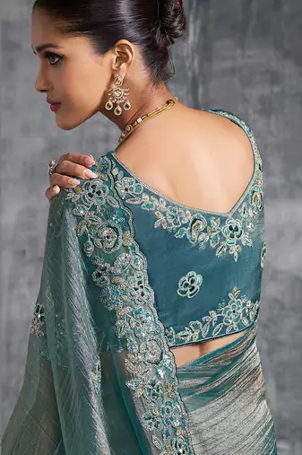 Aqua blue premium tissue zari resham thread embroidery with pearls, mirror work stone work saree with blouse