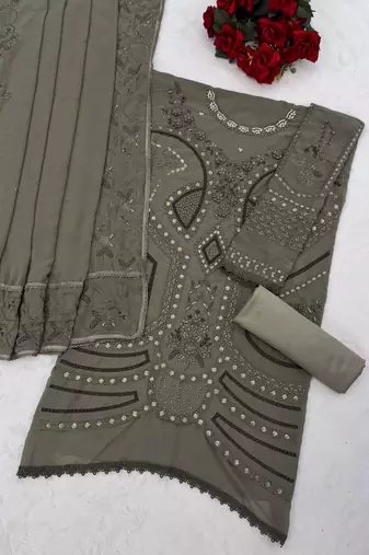 Mehendi georgette suit with embroidery sequin & moti 