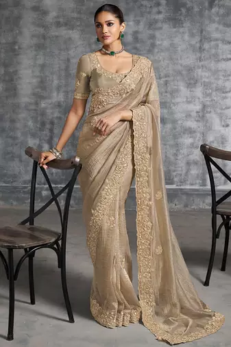 Beige premium tissue zari resham thread embroidery with pearls, mirror work stone work saree with blouse