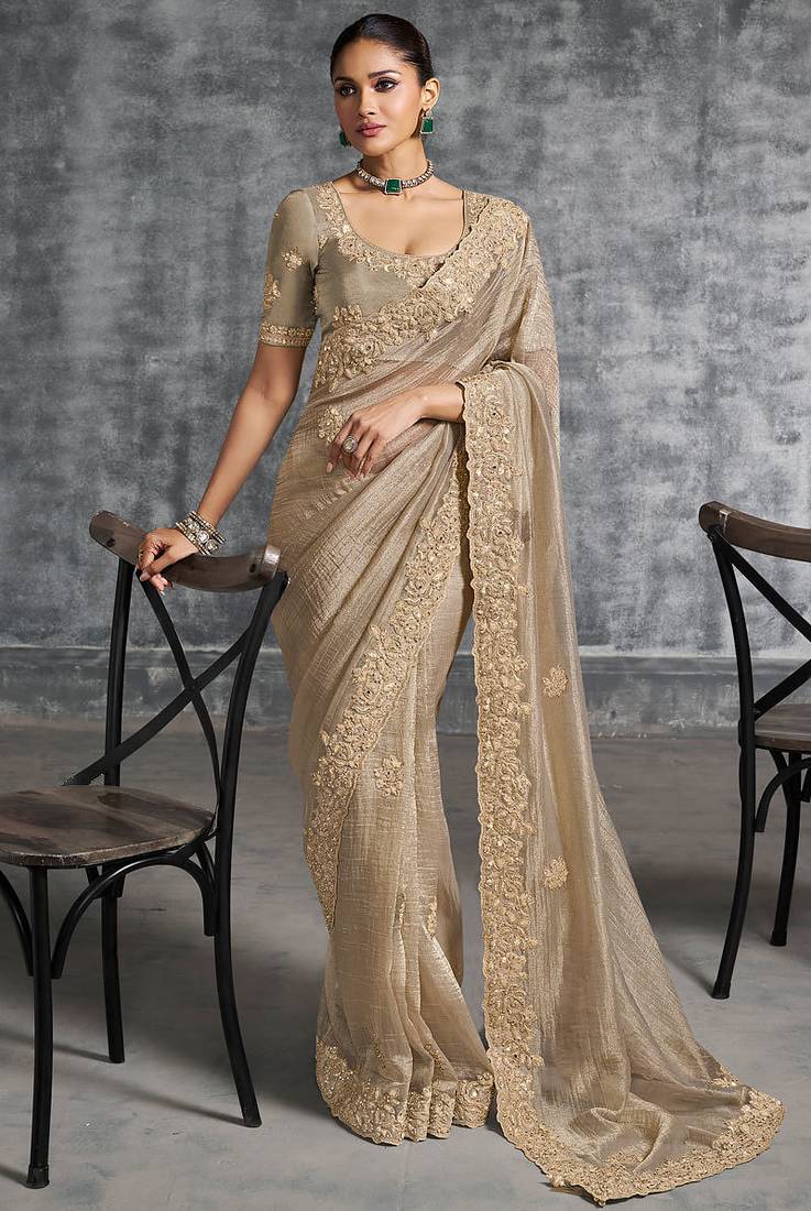 Beige premium tissue zari resham thread embroidery with pearls, mirror work stone work saree with blouse