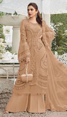 Brown georgette suit with embroidery sequin & moti  1