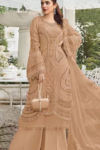 Brown georgette semi stitched suit with embroidery sequence & moti work