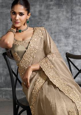 Beige premium tissue zari resham thread embroidery with pearls, mirror work stone work saree with blouse 2