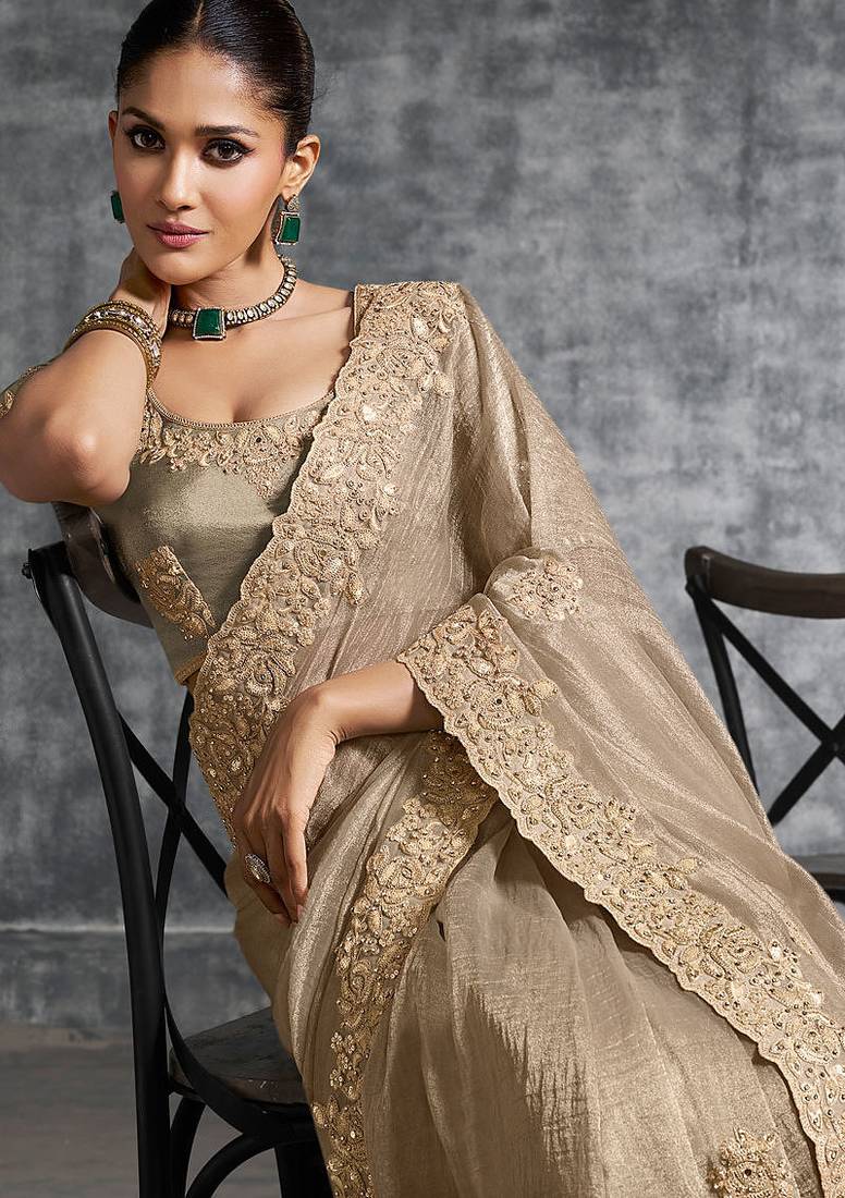 Beige premium tissue zari resham thread embroidery with pearls, mirror work stone work saree with blouse