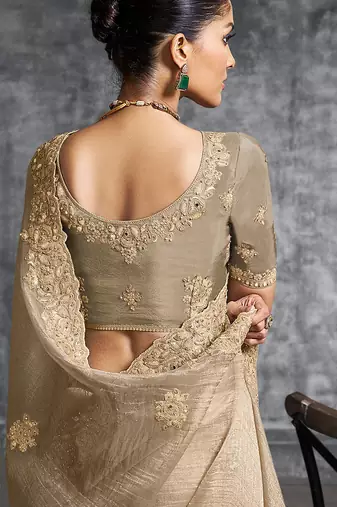 Beige premium tissue zari resham thread embroidery with pearls, mirror work stone work saree with blouse