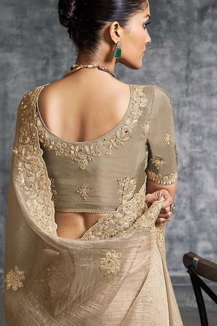 Beige premium tissue zari resham thread embroidery with pearls, mirror work stone work saree with blouse