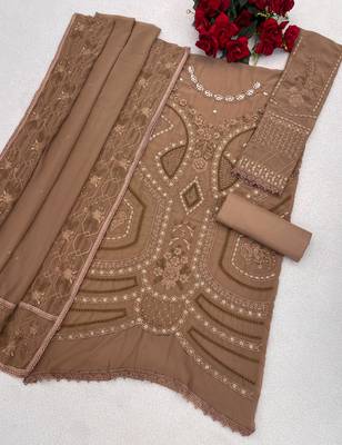 Brown georgette suit with embroidery sequin & moti  2