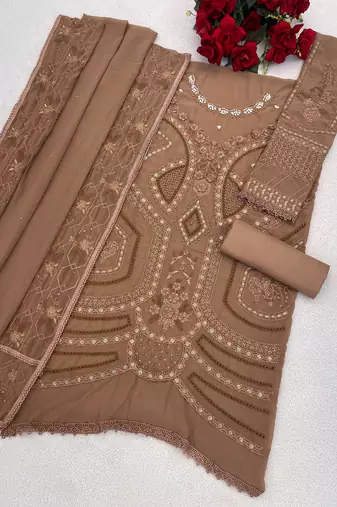 Brown georgette suit with embroidery sequin & moti 