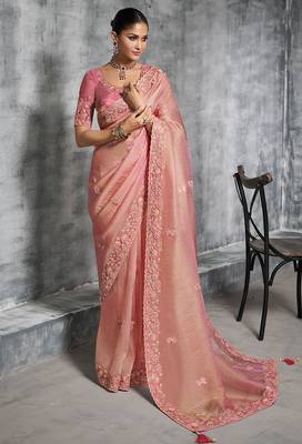 Pink premium tissue zari resham thread embroidery with pearls, mirror work stone work saree with blouse 1