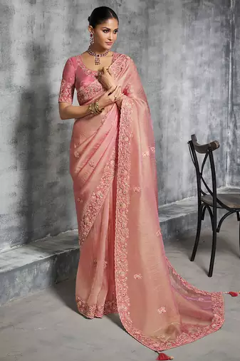Pink premium tissue zari resham thread embroidery with pearls, mirror work stone work saree with blouse