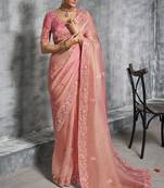 Pink premium tissue zari resham thread embroidery with pearls, mirror work stone work saree with blouse