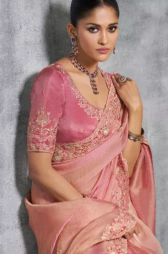 Pink premium tissue zari resham thread embroidery with pearls, mirror work stone work saree with blouse